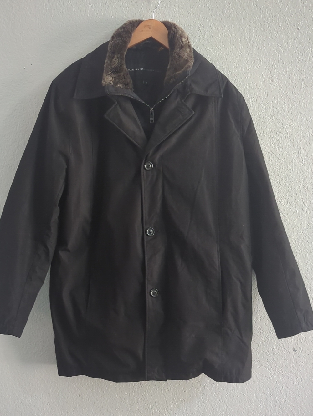 Andrew Marc Black Trench Coat with Faux Fur Collar